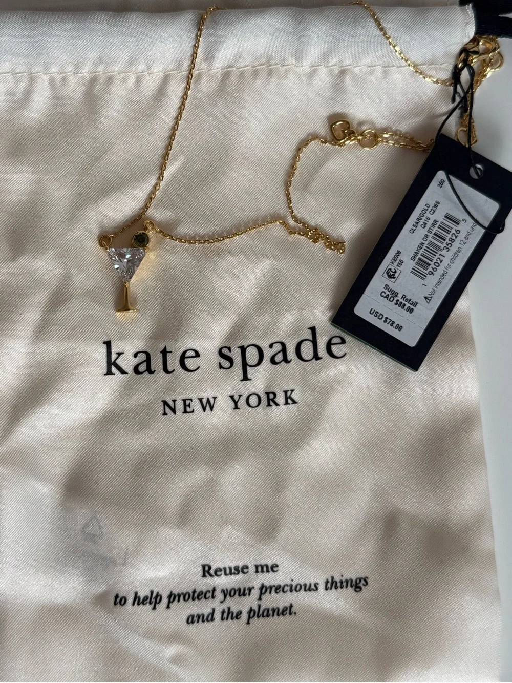 kate spade Gold Martini Glass Pendant Necklace with Crystal Accent